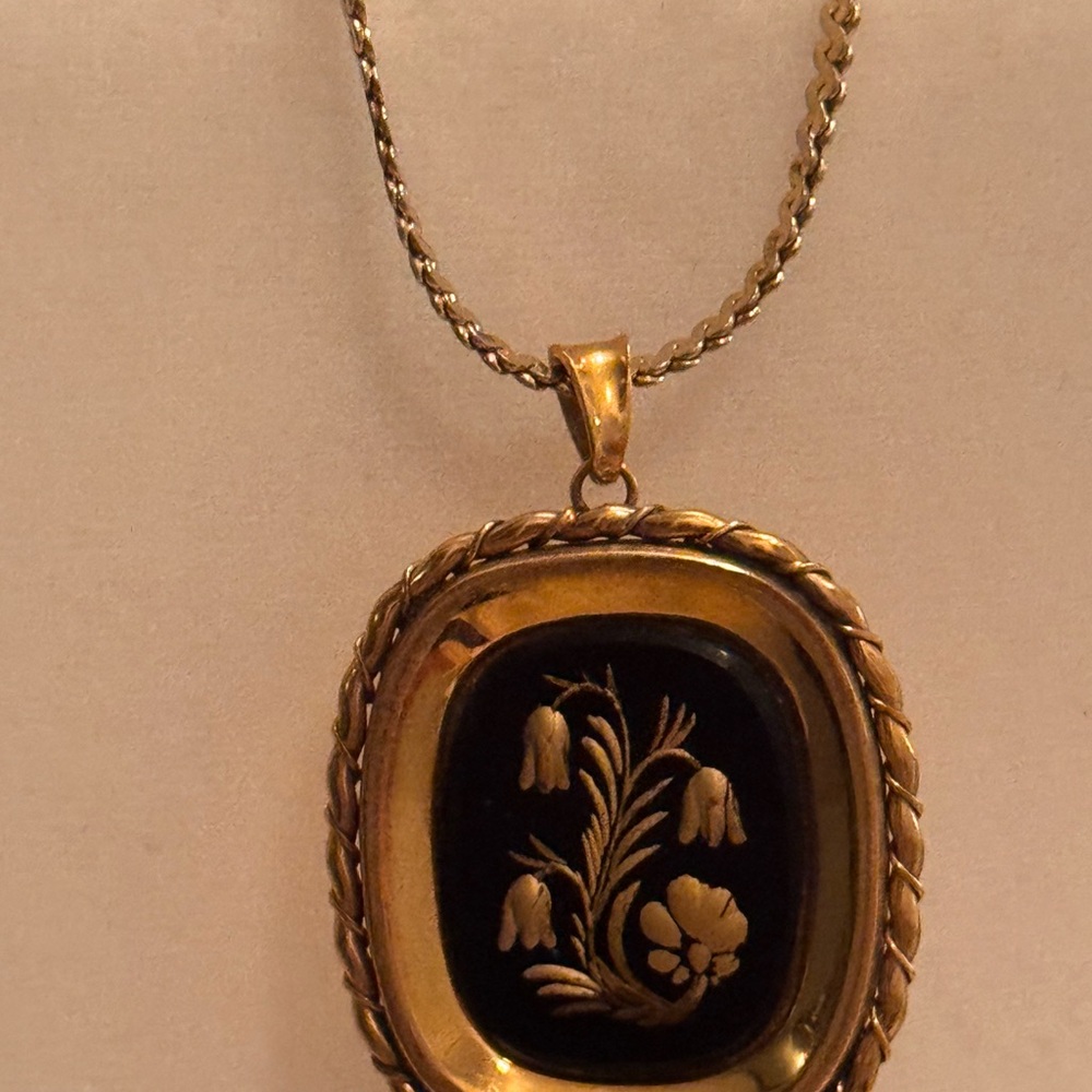 Monet Gold tone chain necklace with early Vintage Art Deco Victorian pendant